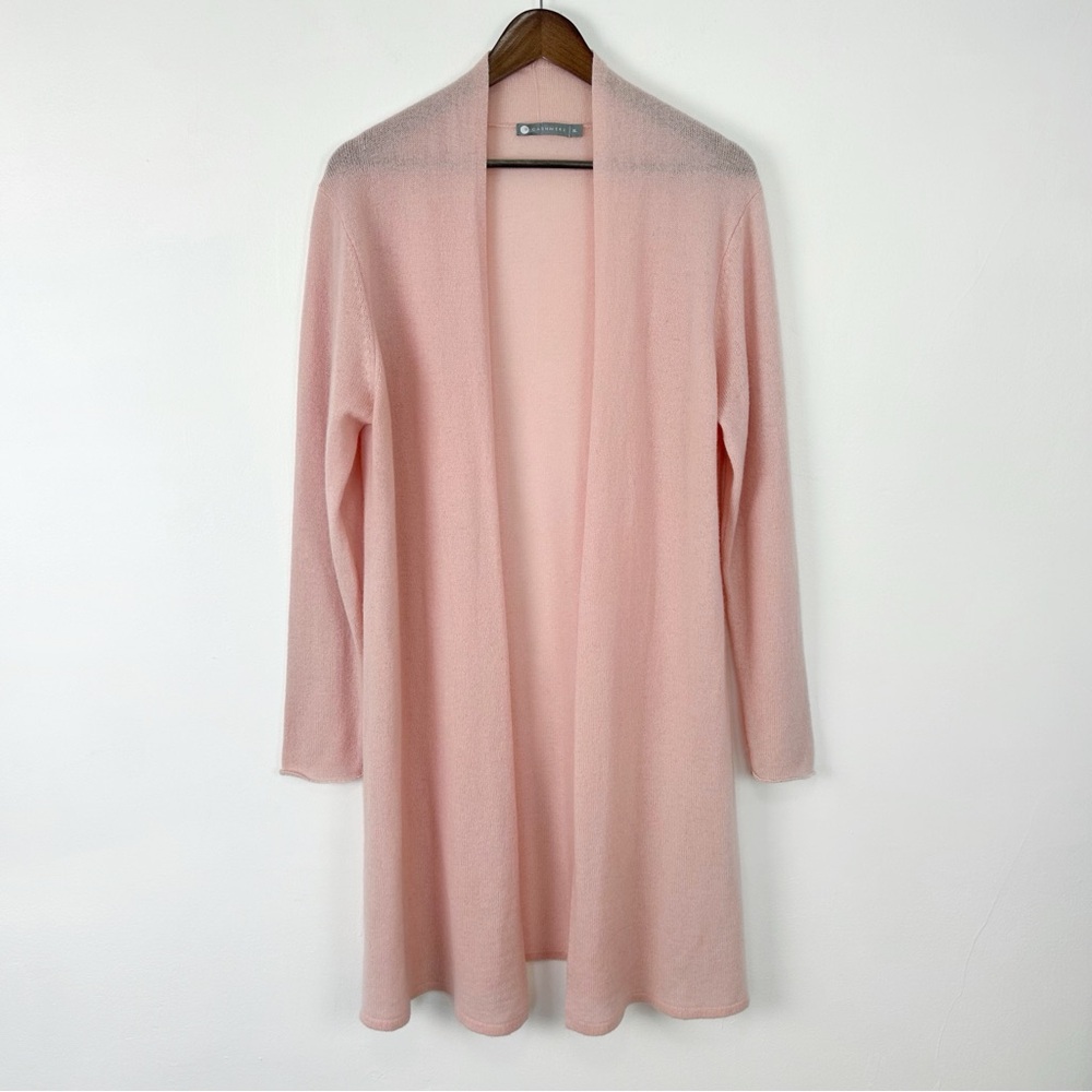 InCashmere Long Line Open Front Cardigan Sweater Soft Pink
